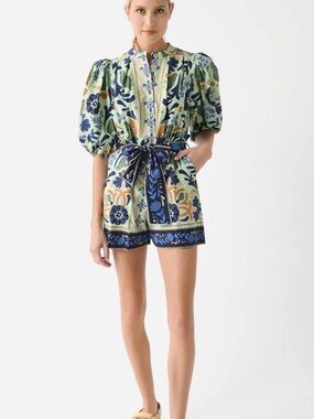 FARM Rio Green Floral Print Puff-Sleeve Romper with Navy Belt